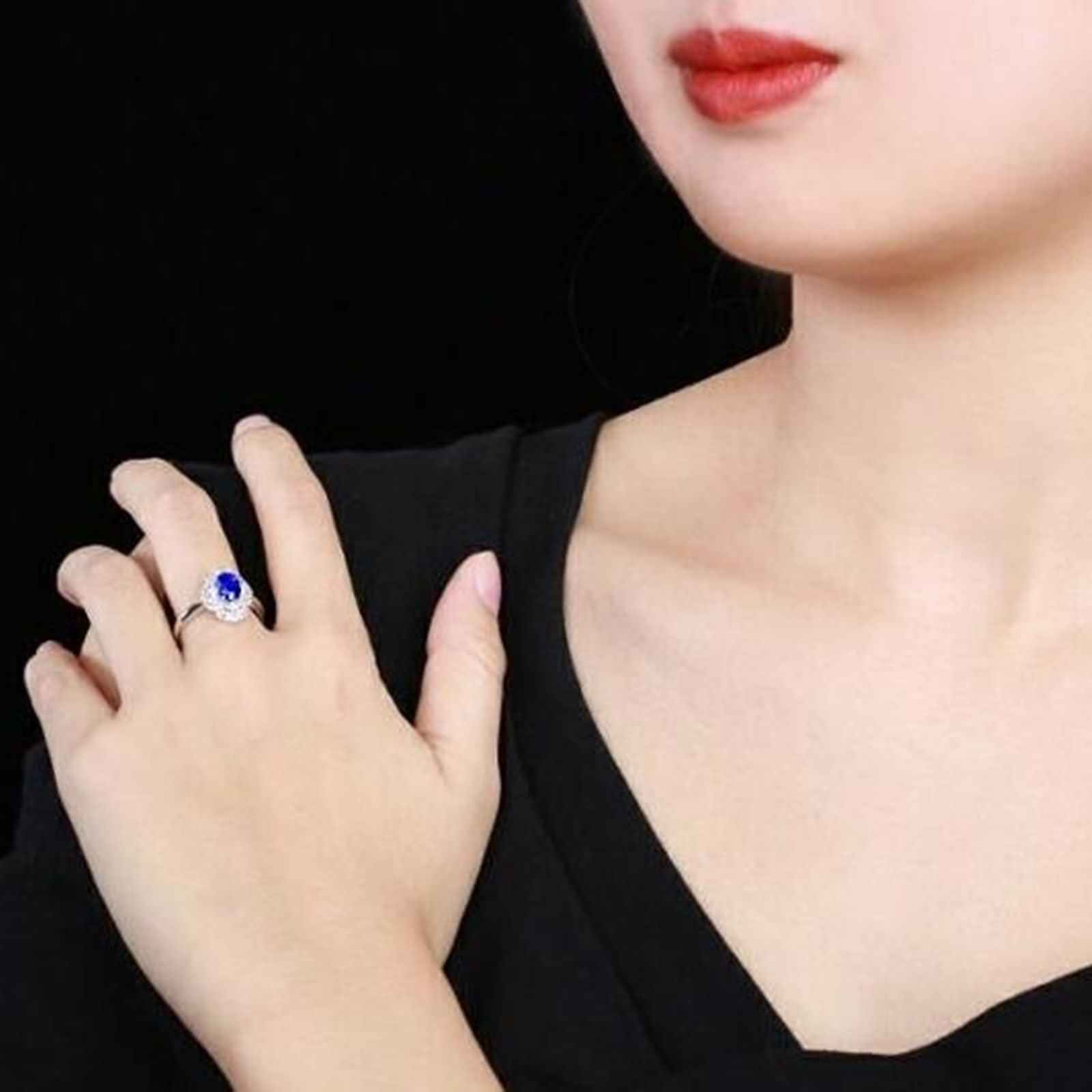 Daesar Anillos Mujer de Boda con Flor y Oval con Zafiro Creado de 1.12ct y Moissanita, Oro Blanco 9K/14K/18K, Anillos de Matrimonio de Boda Plata Azul