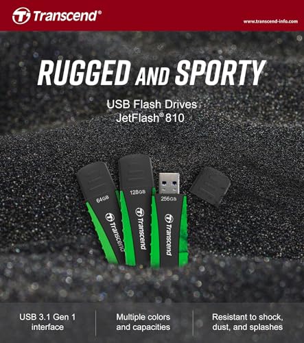 Image of Transcend JetFlash 810 128GB USB 3.1 Gen 1 (USB 5Gbps) Flash Drive (Pen Drive), Rugged Rubber Design, 5-Year Limited Warranty, Green (TS128GJF810)