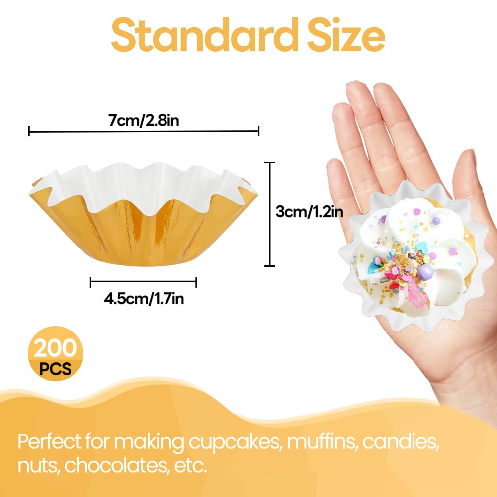 200 Pcs Wave Cupcake Liner, Flared Baking Cups, Paper Muffin Holder, Greaseproof Coated Wrappers for Tea Party Wedding Birthday Baby Shower Cake Candy Supplies (Gold)