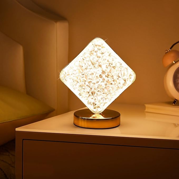 Modern Crystal Table Lamp, Touch Control Night Light, Contemporary LED Bedside Lamps, Stepless Dimmable Nightstand Lamp for Bedroom Living Room Party Decorations (Square)