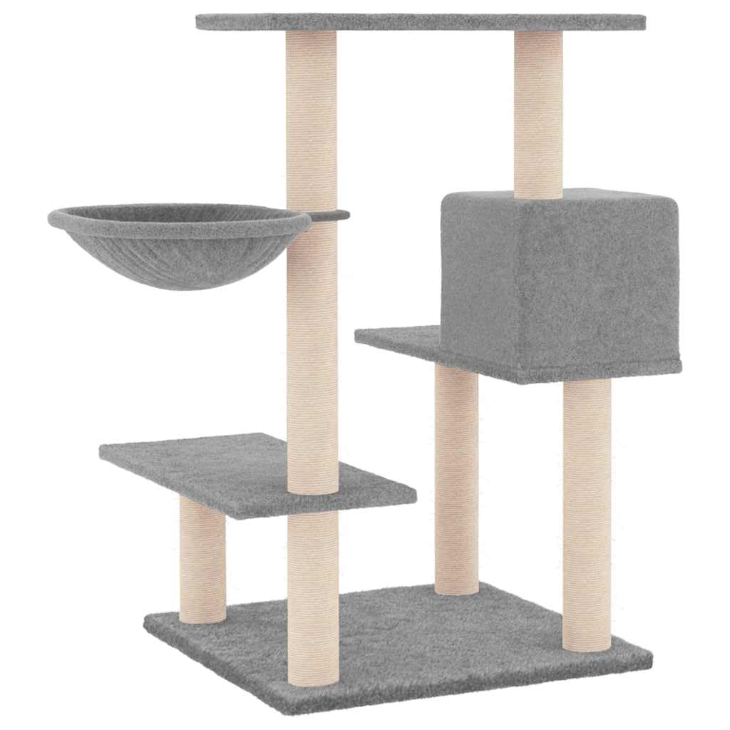 Árbol rascador con cueva de sisal, 82,5 cm, color gris claro | Mueble para gatos de varios niveles con cesta y cueva para el salón o el dormitorio.
