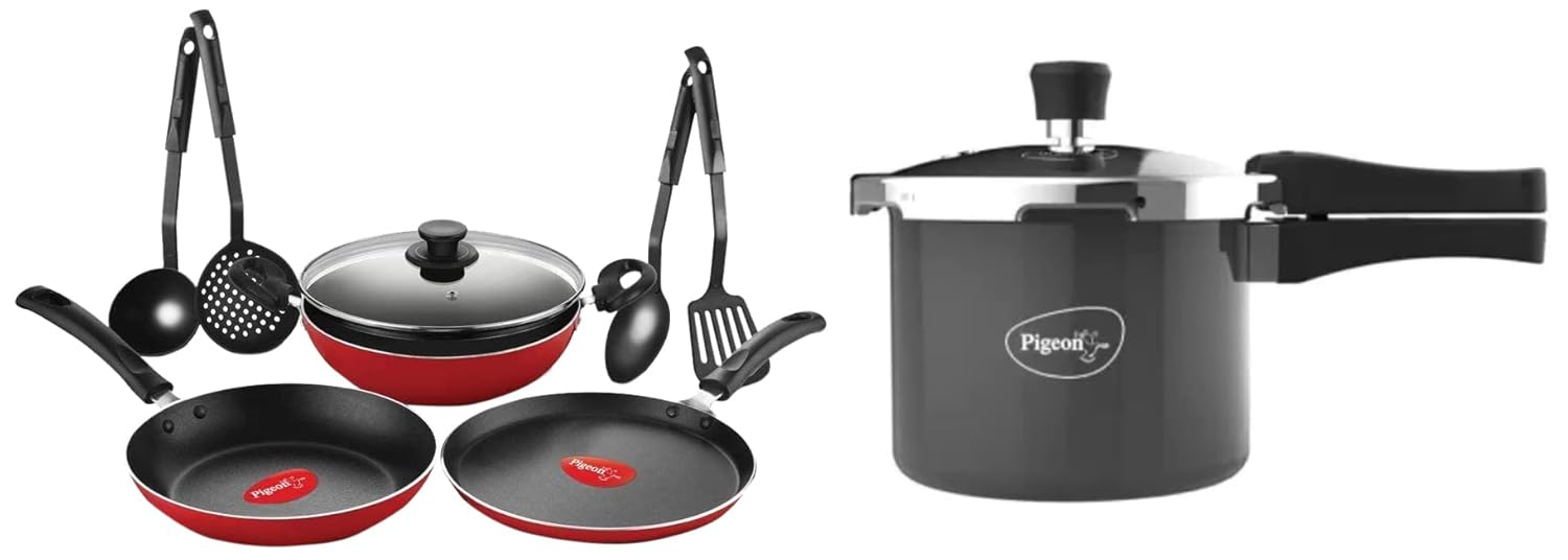 Pigeon Mio Nonstick Aluminium Cookware Gift Set, 8 Pieces Kitchen Set & Hard Anodised Pressure Cooker Outer Lid with Induction Base 3 Litre – Red