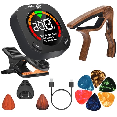 MOREYES Wiederaufladbarer Stimmgerät Gitarre Clip-on Chromatisch, Gitarre, Bass, Violine, Ukulele Inklusive Kapodaster für Gitarre, Plektrum und Halter