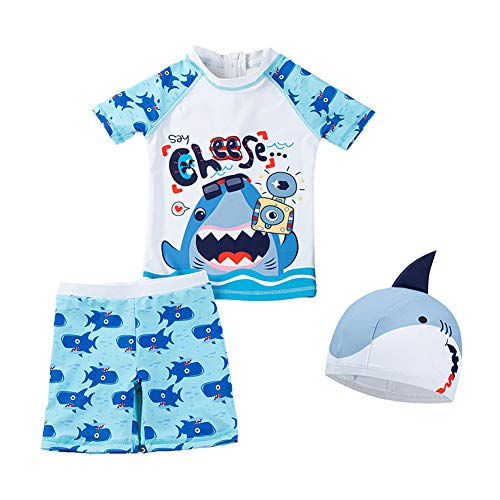 Baby Toddler Boys Two Piece Rash Guard Swimsuits Kids Short Sleeve Sunsuit Swimwear Sets with Hat UPF 50+ Blue Shark(Camera Shark, 3-4T)