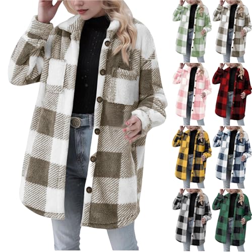 Plaid Shacket for Womens Fashion Button Down Sherpa Flannel Jacket Fall Winter Warm Coat Outwear Casual Clothes