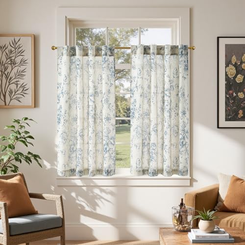 jinchan Linen Floral Tier Curtains 45 Inch Farmhouse Botanic Cafe Curtains Light Filtering Drapes for Small Windows Back Tab Half Window for Kitchen Living Room Bathroom 2 Panels Blue