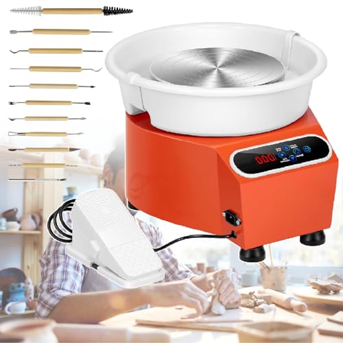 Electric Pottery Wheel with Adjustable Foot Pedal, Removable Basin for Ceramic Art, Perfect DIY Crafting Tool for Beginners and Professionals (Orange 220V)