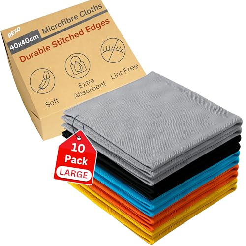 REXO Microfibre Cleaning Cloth - Large 40x40 cm, Pack of 10 - Reusable, Multi-Surface, Lint Free Cleaning Cloths - Ultra Absorbent, Soft, Durable for Kitchen More (5 Colours) REXO Microfibre Cleaning Cloth - Large 40x40 cm, Pack of 10 - Reusable, Multi-Surface, Lint Free Cleaning Cloths - Ultra Absorbent, Soft, Durable for Kitchen More (5 Colours)