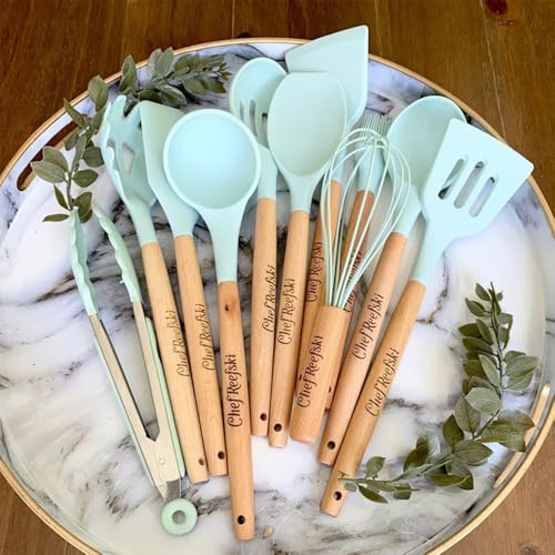 Silikon-Kochutensilien-Set, mit Holzgriff, antihaftbeschichtet, Küchenutensilien, Schöpflöffel, Löffel und Spatel, personalisiertes Kochgeschirr-Zubehör, Hellgrün