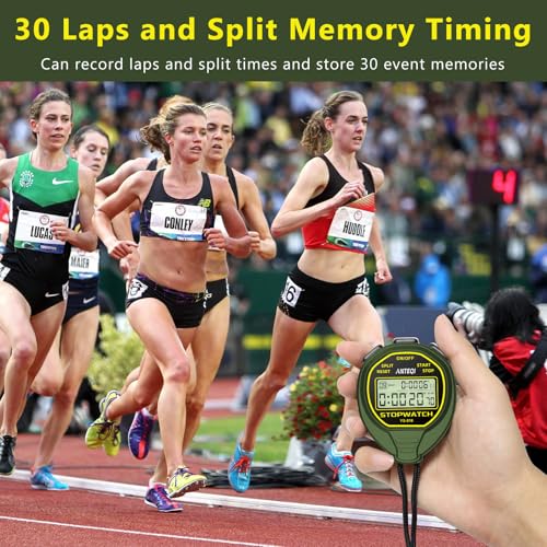 20 Laps Memory Stopwatch Waterproof, ON/Off Function Digital Simple Stopwatch Timer, No Clock No Calendar No Alarm, Silent Stop Watch for Sports Coaches Swimming Running, Green