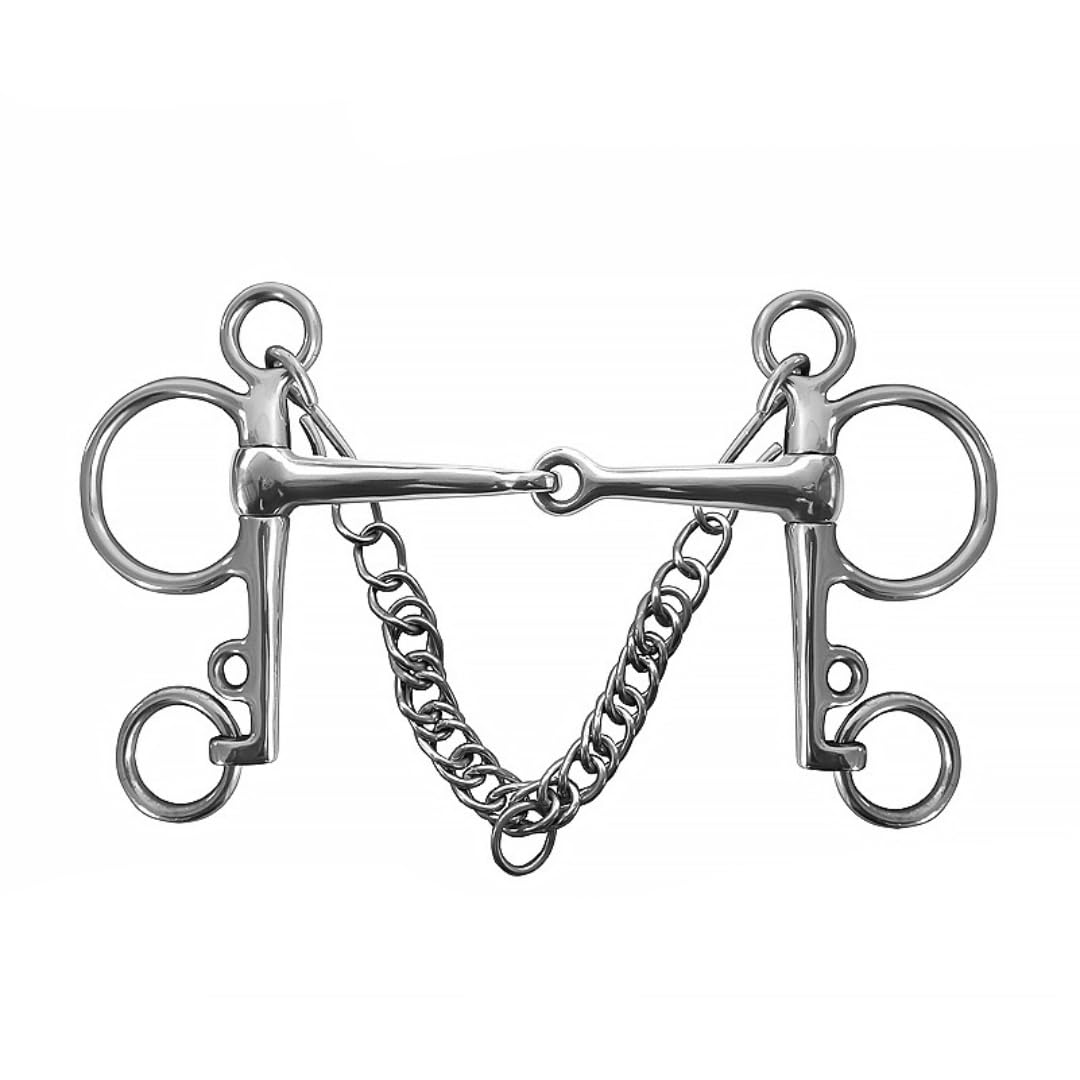MADALO Morso Pelham in acciaio inox per cavallo, bocca snodata solida, con ganci e catena barbazzale.