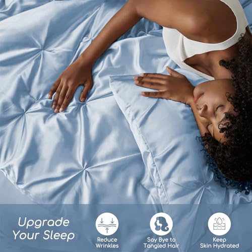 MR&HM Satin Comforter King 7 Pieces - Luxurious Pinch Pleat Bedding Set with Comforter, Flat Sheet, Fitted Sheet, Pillowcases & Shams, Super Silky Soft Bed Set for All Season (King, Blue Haze)