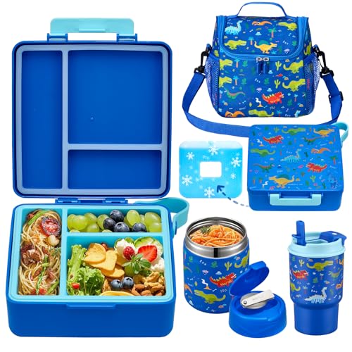 Image of Bento Lunch Box for Kids with 17oz Soup Thermo,Insulated Tumbler Water Bottle and Insulated Lunch Bag,Leak-Proof 3 Compartment Lunch Food Container with Ice Pack for Kids to School-Dinosaur