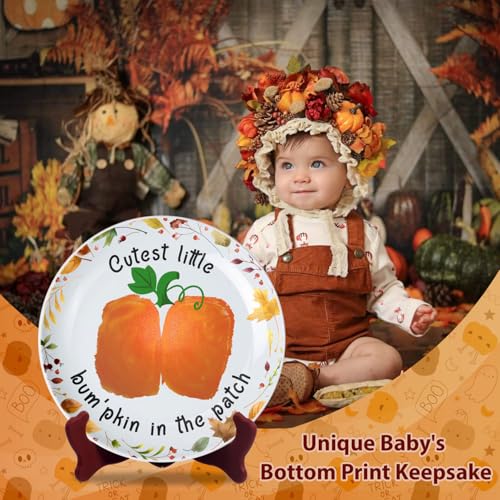 Image of Cutest Little Pumpkin in the Patch DIY Baby's First Halloween Ceramic Novelty Plates Gifts for Babies, Bottom Butt Print Crafts, Project Memory Keepsake Milestone, Halloween Decor 8'', Toddler Craft