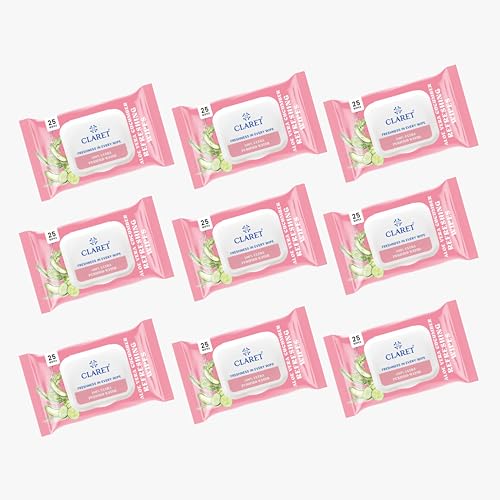 Image of Claret Refreshing Wet Wipes With Aloe Vera & Cucumber For Face & Body | 25 Pulls | 100% Ultra Purified Water | pH Balanced & Alcohol-Free (Pack Of 9)