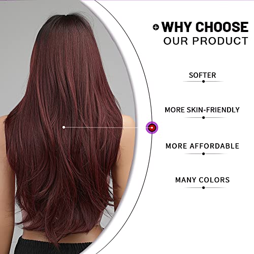 Esmee Long Ombre Red Wigs for Women Natuaral Synthetic Wavy Curly Hair Burgundy Wig with Fringe for Daily Party Cosplay Use-24 Inches - Image 4
