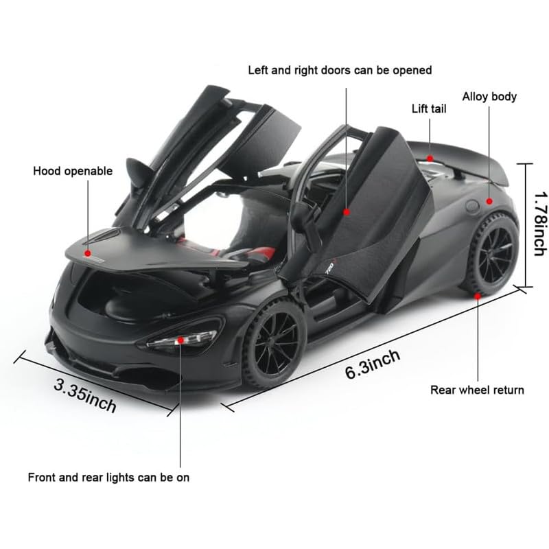 Image of Kids Model 1:32 Mc-Laren 720s Die Cast Metal Car Pull Back Action Opening Doors with Realistic Engine Sound Lights Toy Car Gift for Boys - Black