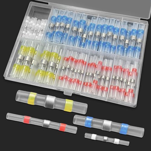 Yonality Connecteurs thermorétractables, 100 Pièces joint de soudure connecteur de fil isolés, 26-10 AWG Cosse Thermorétractables, 4 Tailles...