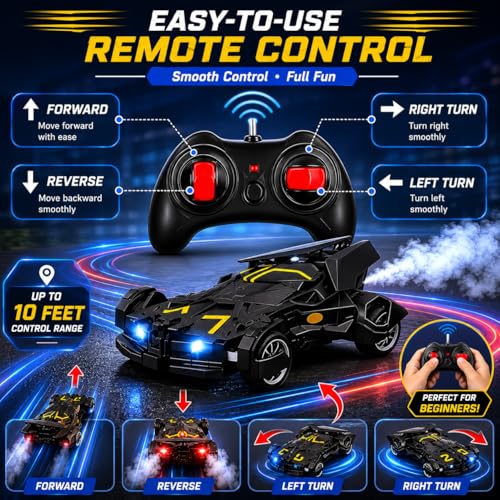 Image of The Flyers Bay Remote Control Car for Kids with Mist Spray Action, Flashing LED Lights, 10ft Control Range, Rechargeable RC Toy Car for Boys & Girls Age 4+ (Batman Smoke Car)