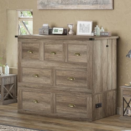 Image of AMERLIFE Twin Size Murphy Bed, Farmhouse Wooden Cabinet with Charging Station and Storage Drawer for Bedroom /Office /Guest Room, Grey Oak