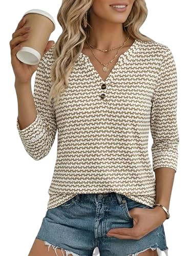 Cuptacc Bluse Damen Sommer V Ausschnitt Shirt Damen Elegant Oberteile Elastisch Bluse 3/4 Arm Tops Herbstmode Braun-Welle M 38-40