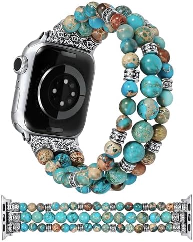 Moolia Stretch Beaded Strap Compatible with Apple Watch Bands 40/42/41/38mm Women, Jasper Handmade Bracelet Boho Natural Stone Band for iWatch Series 11 10 9 8 7 6 5...
