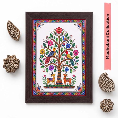 Image of PAPER PAJAMA Tree of Life Wall Art for Living Room | Madhubani Bird & Deer Painting | Traditional Mithila Folk Artwork Framed Home Decor for Bedroom, Office & Hall (10x13 Inches)
