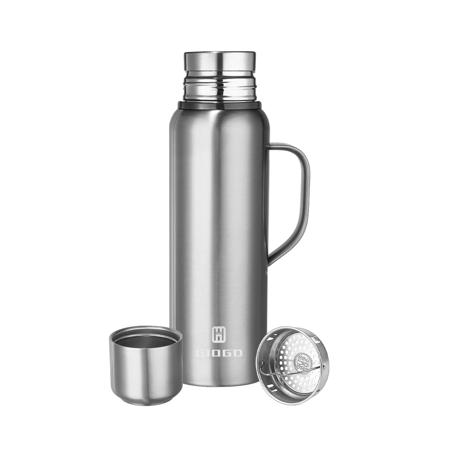 Insulated Vacuum Thermo Bottle 750ml/25.4oz with Cup Stainless Steel Coffee Bottles for Hot and Cold Drink Water Flask.(Silver, with Handle, 750ml)