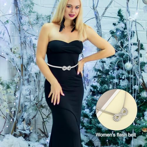 Metal Bow Belt, Women's Rhinestone Belt Silver Waist Belt Stretchy Bow-Knot Chain Belt Shinny Waistband Belt Bow Tie Belt Rope for Dresses Jeans Gift4