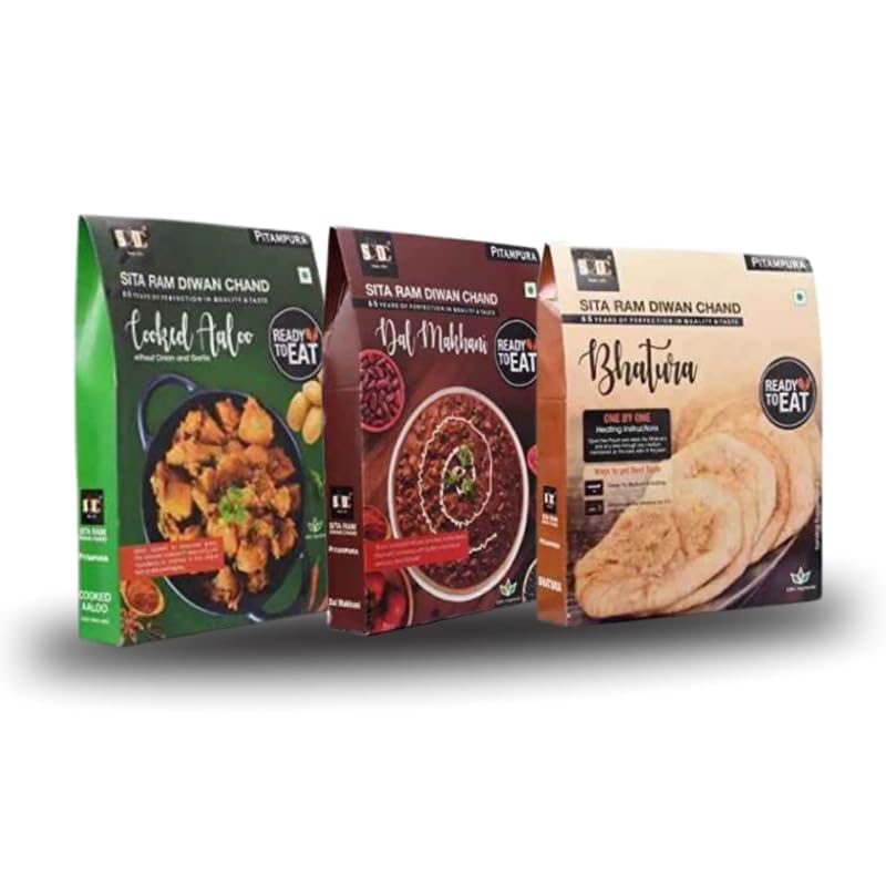 Sita Ram Diwan Chand Ready to Eat Cooked Aaloo | Dal Makhani | Bhatura 300 Gram Each | No Preservatives | No Artificial Flavors, Natural Ingredients & Vegetarian,Tasty Snacks - Pack of 3