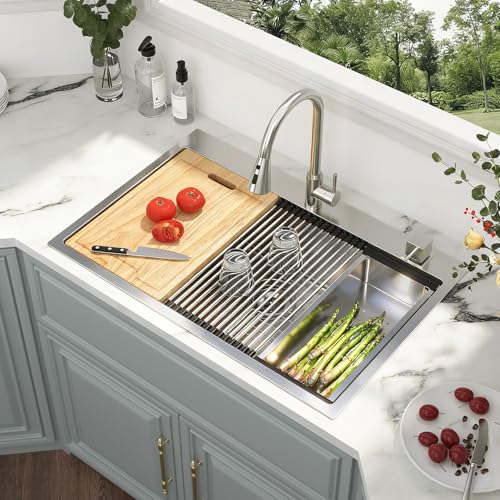 Image of Kichae 33 Drop In Kitchen Sink with Faucet- Stainless Steel Sinks 33 x 22 Workstation Sink Topmount Overmount Single Bowl Handmade Basin All Accessories Included