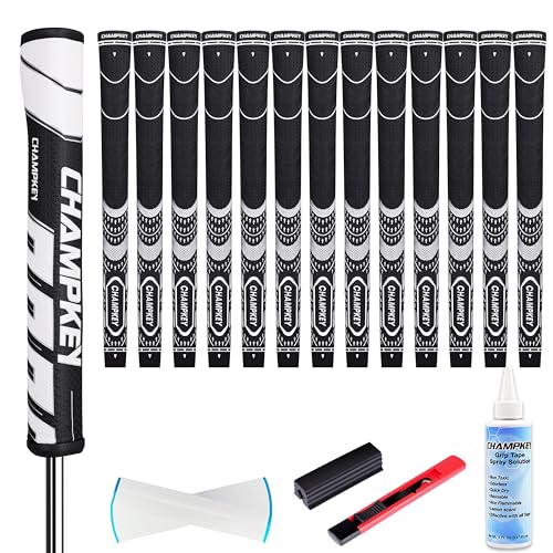 CHAMPKEY Soft Rubber Golf Grips 13 Pack with Putter Grip and Full Repair Kits - 3 In 1 Golf Club Grips Set - The Ideal Choice for Golfer (White Midsize)