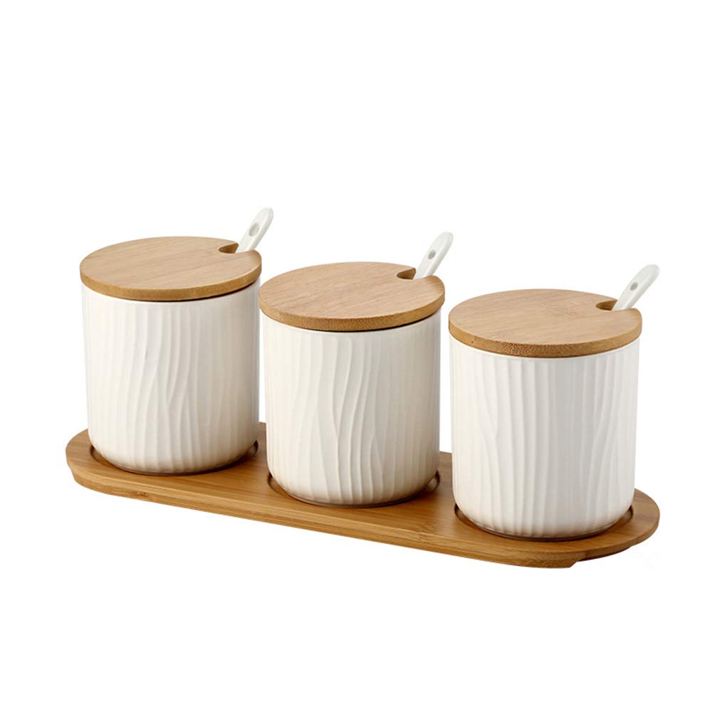 3er Set Weiß Keramik Gewürzdosen Zuckerdose Keramik Zucker Schüssel mit Löffel und Bambus Deckel für Tee Zucker Salz Gewürze Bei Zuhause und Küche