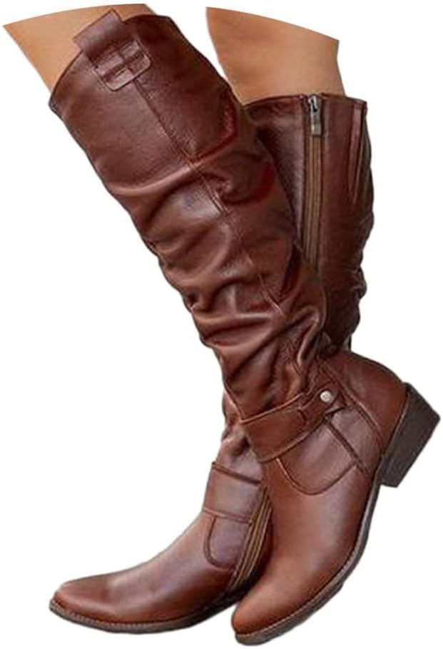 Sued Flat Boot With Side Zipper Round Toe Low Heel Tall Riding Combat Wide Width Boots Pull On Vintage Leather Long Sexy Dress Ladies Booties