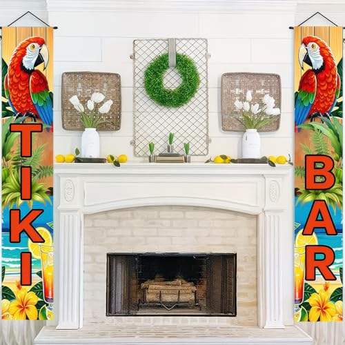 Image of Tiki Bar Banner for Luau Party Decorations with Parrot and Tropical Cocktails Summer Beach Backdrop Sign Outdoor Aloha Hawaiian Porch Welcome Decor 71x12 Inch