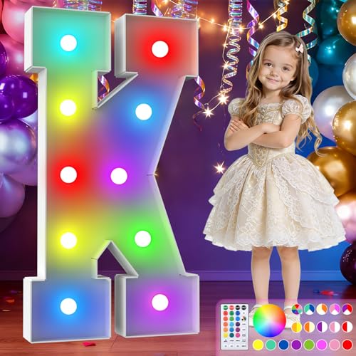 Image of 3FT Colorful Marquee Letters,18-Color Letter K with Remote Control Large Light Up Numbers Sign,Pre-Cut Foam Board Set for Party Decoration, Birthdays, Weddings, Graduations, Baby Anniversaries