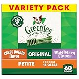 Greenies Veterinarian-Recommended Adult Natural Dental Dog Treats Petite Size, Fresh Flavor, Original Flavor, and Blueberry Flavor, (3) 12 oz. Packs, 60 Count