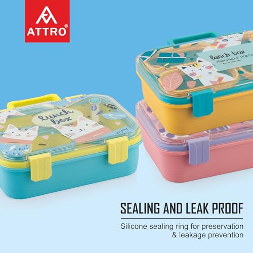 Image of ATTRO Kitty Kart Plastic Lunch Box - 3 Compartment Bento Tiffin, Leak-Proof & Durable, Plastic Cutlery, Ideal for Kids, School,Picnic - 800ml, Yellow Blue