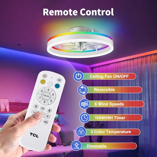 TCL 20'' Flush Mount Ceiling Fan with Lights and Remote, RGB Backlight Dual Lighting Mode, Modern Low Profile Ceiling Fan with Quiet DC Motor, Stylish Lighting for Bedroom, White - image 4