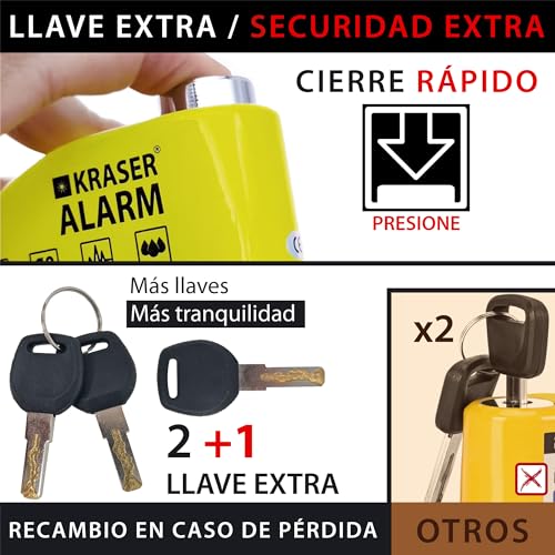KRASER 6Y Candado Moto con Alarma 110dB, Antirrobo Disco Reforzado, 3 Llaves (Otros 2) Alta Seguridad Impermeable Accesorios Cable Bolsa Pilas, Pinza Bloqueo 6mm Universal Scooter Bicicleta A/N - Imagen 6