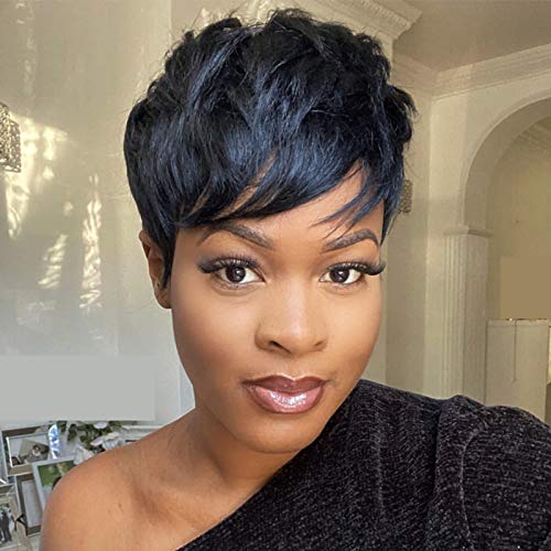 DACHIC Short Pixie Wigs for Black Women Human Hair Wigs Pixie Wavy Wigs with Bangs 1B Color