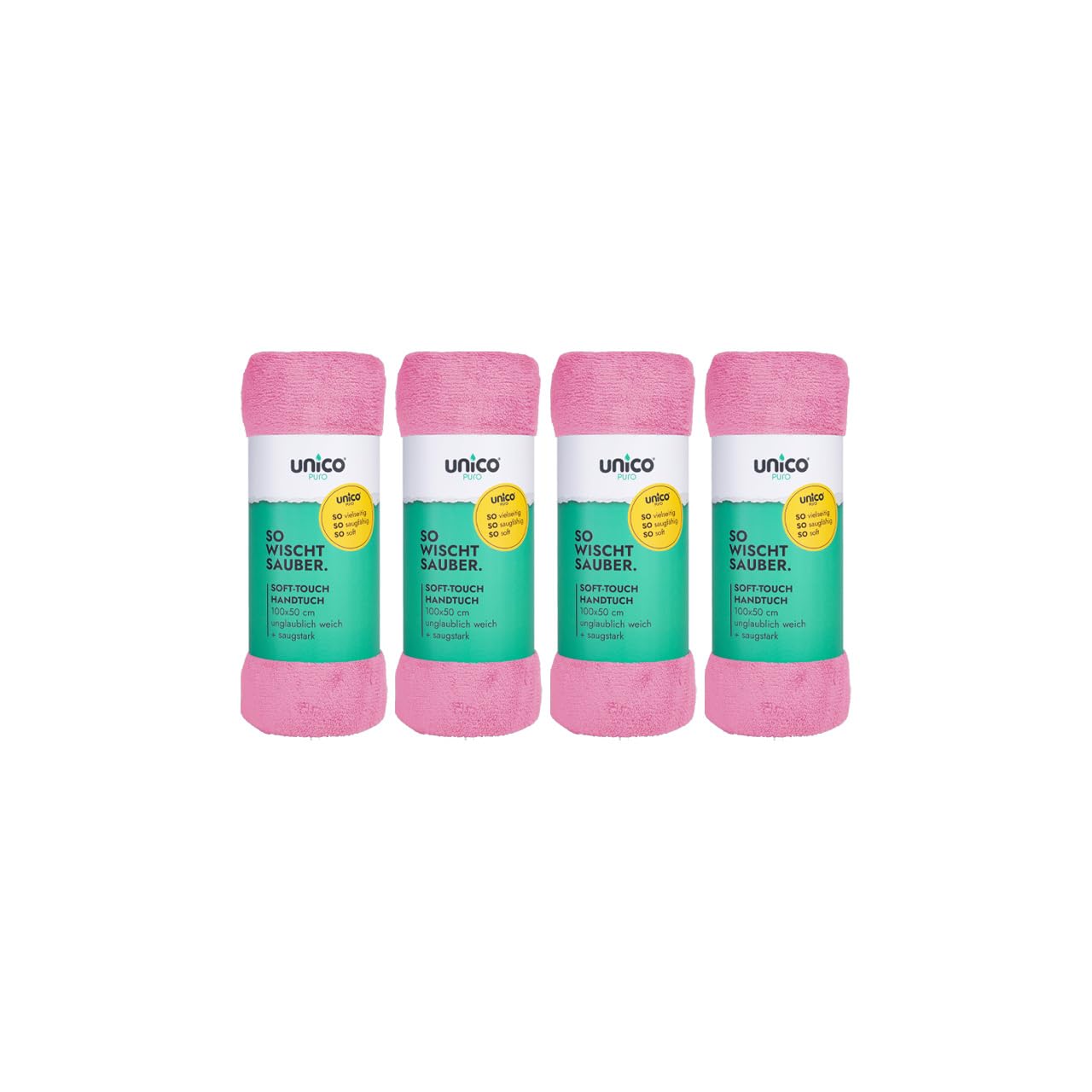 unicopuro® Soft Touch Microfaser Handtuch 100 × 50 cm pink 4er Set – 1,6 L Saugkraft – vielseitiges Allzwecktuch für Haare, Körper, Haustiere & Haushalt – superweich, waschbar bei 60 °C