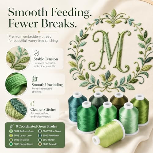 Image of Simthread 8 Shades 550Yds Each 40WT Polyester Embroidery Thread Green Set | 8 green shades with 550Yds each feed smoothly using stable 40WT polyester thread for home and commercial embroidery machines.