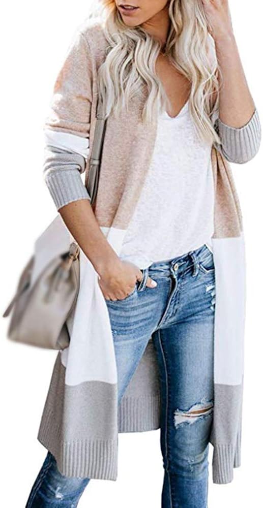 Uni-Wert Cárdigan Mujer Largo Chaqueta de Punto Rayas Jersey de Suelta Punto con Frente Abierto Rebecas Abrigo Otoño Invierno Cardigan Suéter