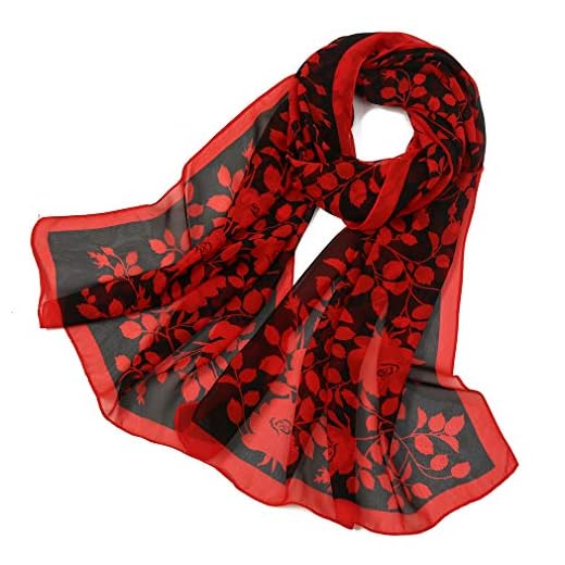 KAVINGKALY Foulard en mousseline de soie fleur foulards pour femmes Printe foulard en mousseline de soie à pois châles Long écharpe Wrap (Noir2 + Rouge2)