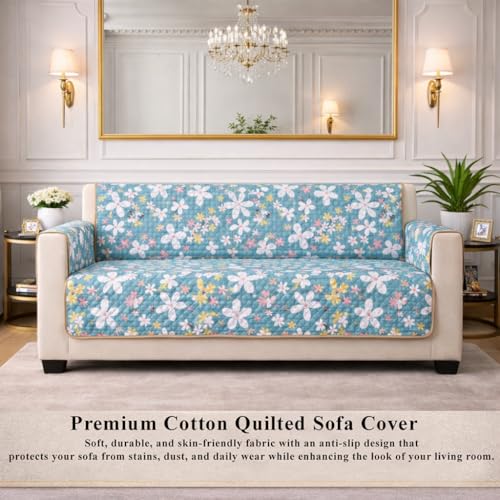 Image of STITCHNEST 'Double Vie Collection Series' Cotton Quilted Reversible Sofa Cover 3 Seater with Arm Rest and Pocket | Size 70x60 Inch