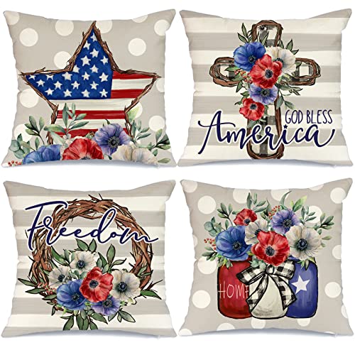 Geeory 4Th Of July Decorations Pillow Covers 18X18 Set Of 4 Polka Dots Star And Strip Cross Bless America Floral Jar Throw Pillows Patriotic Pillows Independence Day Decor Cushion Case G327-18 #TOP20