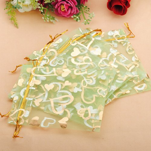 100pcs Heart Green Organza Drawstring Pouches Jewelry Party Wedding Favor Gift Bags 3.8