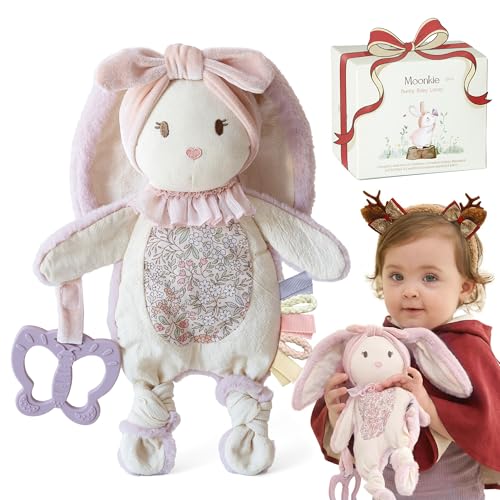 Image of Moonkie Baby Lovey with Silicone Teether, Bunny Security Blanket with Textured Ribbons, Crinkle Toys, Soft Minky Velour & Natural Cotton, Newborn Girl Gift for Baby Shower or Birthday