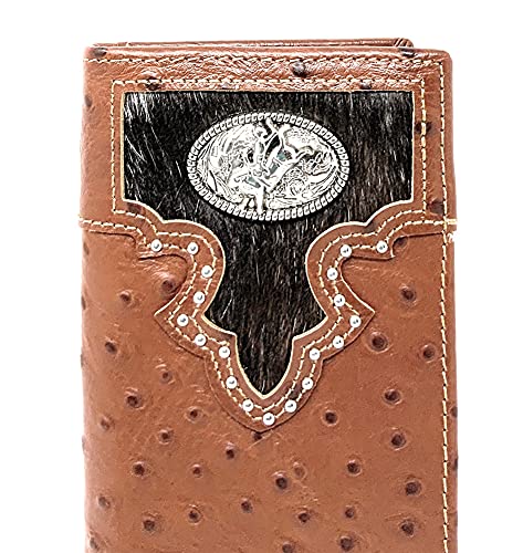 Western Men's Cow Fur Genuine Leather Ostrich Rodeo Bifold Wallet in 2 Color (Brown)2